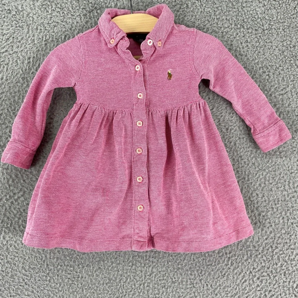 Ralph Lauren Polo Dress Kids 9M Pink Long Sleeve Button Front Pique RF621249